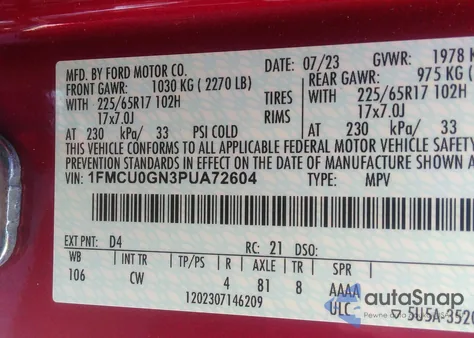 2023 Ford Escape Active z USA, uszkodzony, nr VIN 1FMCU0GN3PUA72604